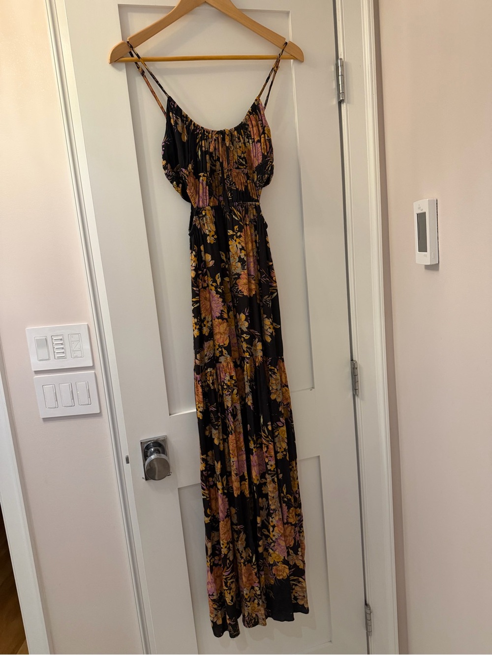 l*space Black Maxi Dress with Pink and Mustard Floral Print. NWOT. Size S.